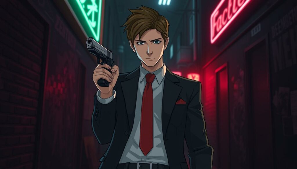 A young man in a tailored black suit, a white dress shirt, and a red tie stands in a dimly lit alleyway, his expression intense and focused. He holds a handgun at the ready, his stance poised for action. The alleyway is dark, with shadows and debris adding to the sense of tension and danger. Neon signs cast an eerie glow, illuminating the scene and creating a moody, cinematic atmosphere. The man's face is partially obscured, adding to the mystery and suspense of the image. This is a cosplay of Leon S. Kennedy, the heroic protagonist from the Resident Evil video game series, capturing the character's determination and resilience in the face of a zombie apocalypse.