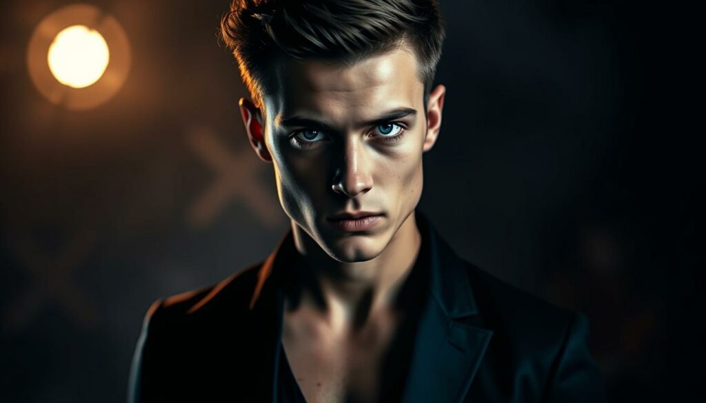 A young man with striking blue eyes and chiseled features stands in a dimly lit studio, his expression pensive and introspective. Dressed in a sleek, dark outfit, he exudes a sense of both confidence and vulnerability. The lighting casts dramatic shadows across his face, emphasizing the depth of his gaze. In the background, a soft, atmospheric blur suggests a sense of the artist's inner turmoil, the weight of financial troubles and the path from child stardom to adulthood. The composition is carefully balanced, with the subject positioned centrally, inviting the viewer to engage with his story. This image captures the essence of "Jimi Blue Ochsenknecht Wilden Kerle" and the section title "Von Kinderstar zu finanziellen Problemen: Jimi Blues Karriere".