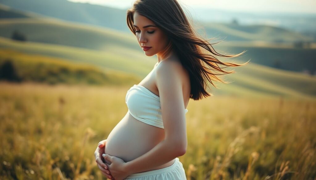 A young, slender woman with flowing dark hair stands in a sunlit meadow, her hand gently resting on her belly, a serene expression on her face. Soft, diffused lighting illuminates her features, casting a warm, ethereal glow. The background is a lush, verdant landscape with rolling hills and a distant, hazy horizon. The overall mood is one of contemplation, anticipation, and a sense of peaceful, maternal joy.