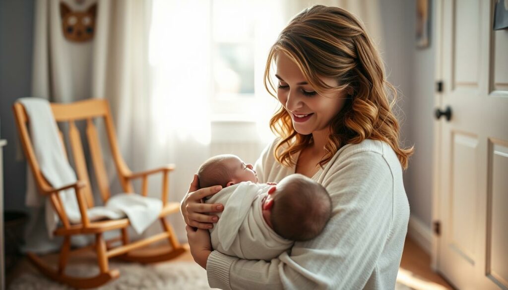 A young woman named Hazel Namen, with warm brown eyes and soft, wavy auburn hair, sits in a cozy, well-lit nursery. She gazes lovingly at her newborn daughter, cradled in her arms, as a gentle smile graces her face. The room is bathed in a soft, natural light, casting a peaceful and intimate atmosphere. In the background, a wooden rocking chair and a plush, neutral-toned rug create a serene and inviting environment, perfect for a new mother and her child to bond. The image conveys a sense of tenderness, love, and the joy of a new chapter in Hazel's life.
