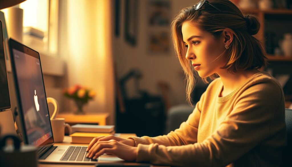 A young woman sits at her desk, intently focused on her laptop screen. The scene is bathed in warm, golden light, creating an intimate and cozy atmosphere. In the background, various personal items and decorations suggest a comfortable, private space. The woman's expression is one of concentration and determination, hinting at the serious nature of her online endeavors. The composition emphasizes the woman's interaction with her digital platform, capturing the essence of her entrepreneurial venture.