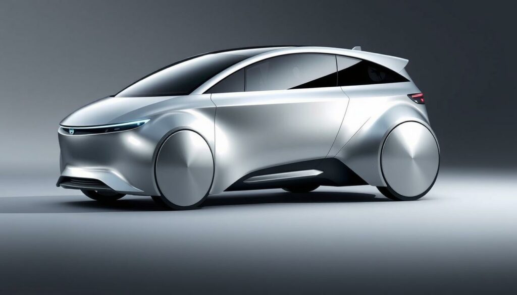 Aerodynamik Elektroauto: a sleek, futuristic electric vehicle with a streamlined, aerodynamic design. Gleaming silver body panels seamlessly flow from the front grille to the rear spoiler, minimizing air resistance. Detailed components like flush door handles and hidden charging port contribute to the vehicle's efficient, cutting-edge aesthetic. Subtle yet powerful lighting accents the aerodynamic silhouette, conveying a sense of speed and technology. A wide, low stance provides a stable, grounded presence, while the sharply angled windshield and tapered roofline suggest exceptional performance. Captured in a dramatic three-quarter view, the Aerodynamik Elektroauto appears poised to surge forward, a symbol of the future of sustainable mobility.