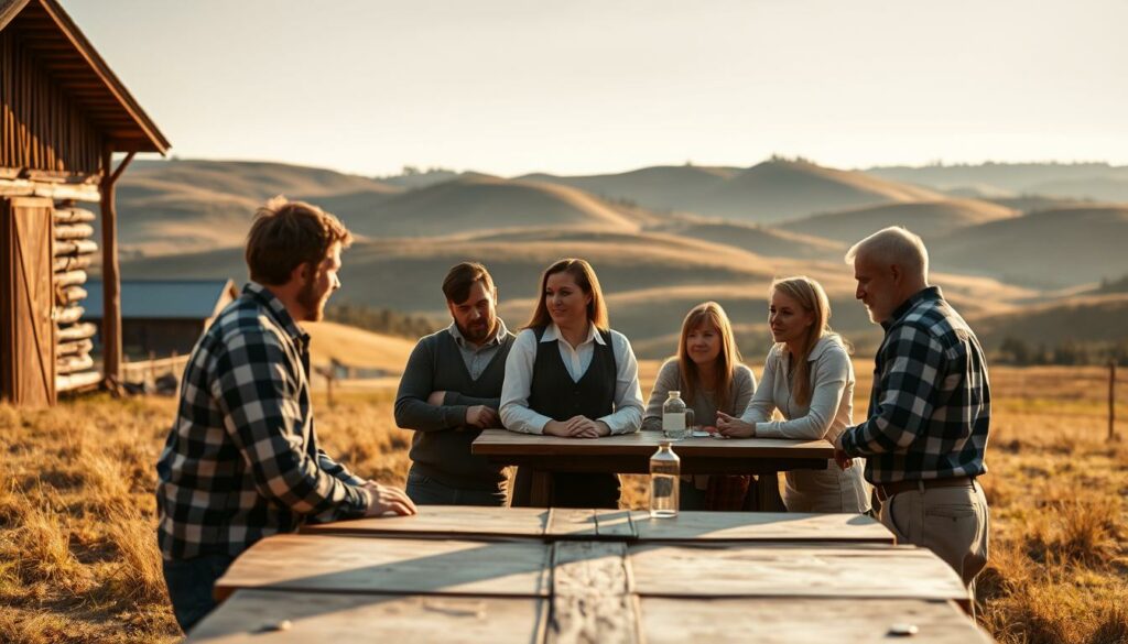 An expansive pastoral landscape, bathed in warm golden light. In the foreground, a group of farmers and their partners, gathered around a table, engaged in animated discussion. Rustic wooden structures and rolling hills provide a picturesque backdrop, conveying a sense of rural tranquility. The farmers' faces reflect a range of emotions - excitement, contemplation, and perhaps a touch of uncertainty, as they navigate the momentous decisions that lie ahead. The scene is captured with a cinematic, slightly wide-angle lens, inviting the viewer to feel immersed in the intimate drama unfolding before them. An atmosphere of anticipation and the promise of new beginnings permeates the image, perfectly encapsulating the spirit of "Bauer sucht Frau International: Die großen Entscheidungen".