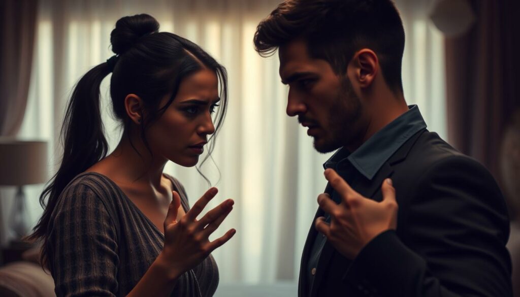 Conflicted emotions erupt between Aylin and Bachelor Felix. In the foreground, a tense standoff, their expressions conveying a mix of frustration and hurt. Aylin's brow furrowed, hands gesturing emphatically, while Felix's posture is defensive, his gaze conflicted. The middle ground captures the charged atmosphere, with a subtle lighting highlighting the drama unfolding. In the background, a softly blurred setting, hinting at the intimacy of their relationship now fractured. Shadows and muted colors evoke a somber, melancholic mood, underscoring the gravity of their disagreement. An intense, cinematic scene that captures the essence of the conflict between Aylin and Bachelor Felix.