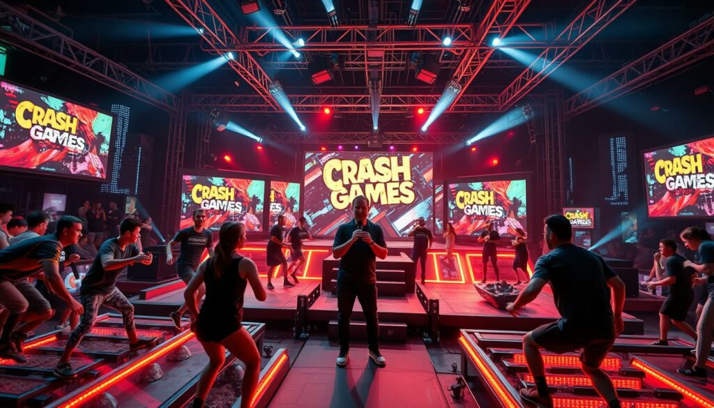 Crash Games Realityshow 2025: A high-energy set with neon-lit stages, surrounded by a futuristic cityscape. In the foreground, contestants navigate obstacle courses and compete in intense physical challenges, their expressions a mix of determination and exhilaration. The middle ground features a host commanding the action, microphone in hand, against a backdrop of vibrant video screens showcasing the event. Overhead, a complex lighting rig casts dramatic shadows, creating a sense of dynamism and excitement. The overall atmosphere is one of raw, gritty competition, with a touch of sleek, modern style befitting the year 2025.