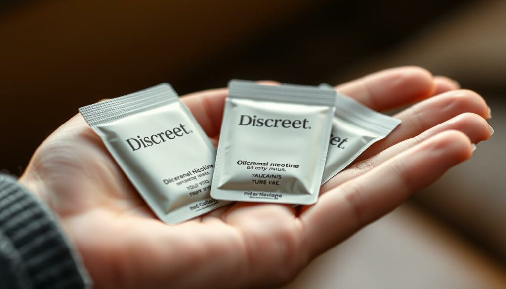 Discreet nicotine pouches in everyday use, resting subtly in the palm of a hand. The scene is captured in a warm, natural lighting, with a shallow depth of field that gently blurs the background. The pouches are positioned centrally, their muted tones and understated design exuding a sense of sophisticated discretion. The angle emphasizes the convenience and seamless integration of these products into the daily routine, reflecting the quiet sophistication of the Scandinavian snus lifestyle.