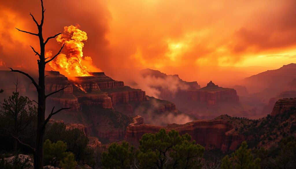Dramatic forest fire engulfs the lush landscapes of the Grand Canyon, with towering flames and billowing smoke casting an ominous glow across the majestic rock formations. In the foreground, charred tree trunks and scorched undergrowth convey the intensity of the blaze, while in the middle ground, the iconic cliffs and canyons of the national park are partially obscured by the thick haze. The background depicts a fiery orange sky, reflecting the sheer scale and power of the wildfire. Moody, cinematic lighting and a slight wide-angle lens capture the sense of awe and peril, as the viewer is immersed in the challenging and dangerous scene.