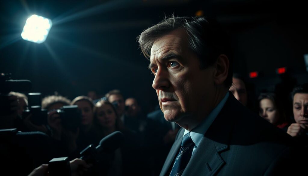 Dramatic public scandal unfolds in a dimly lit setting, with a spotlight illuminating the central figure. Tense expressions, harsh shadows, and a sense of unease permeate the scene. In the background, a crowd of onlookers and reporters capture the moment, their cameras and microphones adding to the palpable tension. The composition is framed to emphasize the subject's isolation and the weight of the controversy surrounding them. The overall atmosphere evokes a sense of high-stakes drama and the intense public scrutiny that often accompanies such scandals.