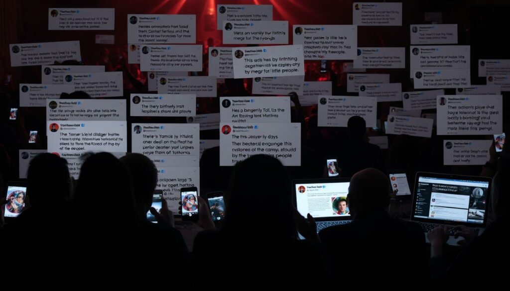 Dramatic social media backlash against Yamal's controversial birthday party, where he hired a troupe of little people for entertainment. Outraged comments, heated debates, and polarized reactions fill the digital landscape. Shadowy figures in the background, phones and laptops ablaze with furious posts. A chaotic, unsettling atmosphere of public scrutiny and moral condemnation. Low-key lighting casts dramatic shadows, emphasizing the tense, uncomfortable mood. Wide-angle lens captures the scale of the online uproar, a chorus of disapproval reverberating across the digital realm.