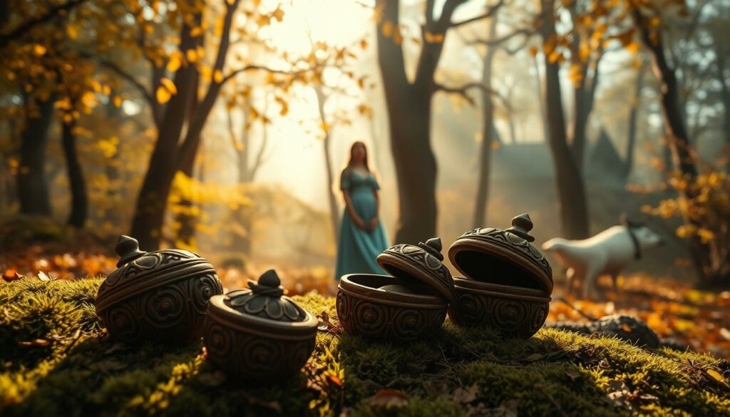 Drei Haselnüsse für Aschenbrödel Kultfilm: A classic fairy tale scene, bathed in warm, golden light filtering through a canopy of autumnal trees. In the foreground, three ornate, carved wooden hazelnut shells sit atop a mossy forest floor, their lids slightly ajar, revealing a magical surprise within. In the middle ground, a young woman in a flowing, ethereal blue dress stands amidst the serene woodland, her expression one of wonder and enchantment. The background is a dreamlike, hazy forest, with a hint of a cottage or castle in the distance, evoking the timeless, enchanted atmosphere of this beloved fairy tale. Soft, romantic lighting and a nostalgic, cinematic quality capture the timeless, captivating essence of this beloved Czechoslovakian film.