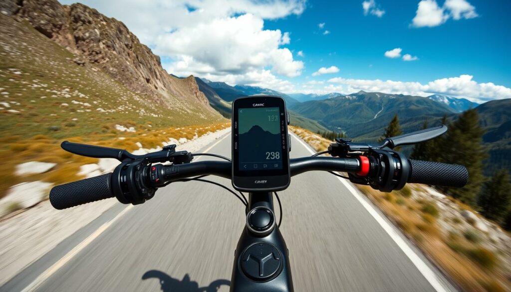 Fahrradcomputer im Einsatz während einer Radtour durch bergige Landschaft Fahrradcomputer im Einsatz während einer Radtour durch bergige Landschaft