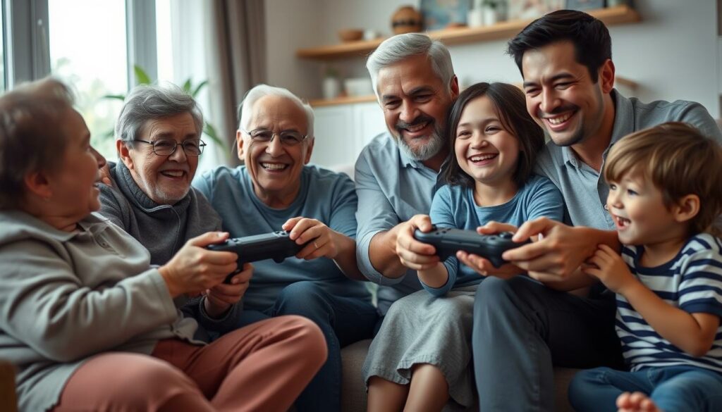 Familie verschiedener Generationen spielt gemeinsam PlayStation für Gaming für alle Familie verschiedener Generationen spielt gemeinsam PlayStation für Gaming für alle
