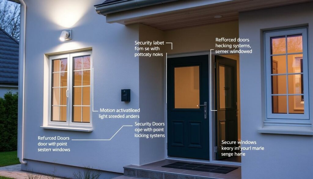 Haus mit modernen Sicherheitsmaßnahmen wie Bewegungsmeldern und Sicherheitstüren Haus mit modernen Sicherheitsmaßnahmen wie Bewegungsmeldern und Sicherheitstüren