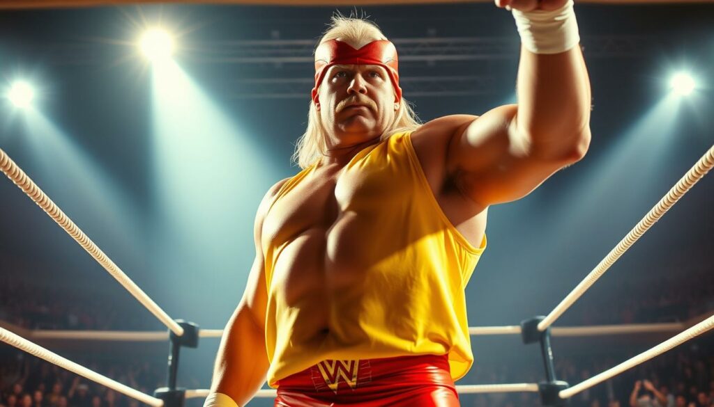 Hulk Hogan, the legendary wrestler, stands tall in the center of the frame, his muscular frame clad in his iconic yellow and red costume. The bright spotlight casts dramatic shadows, accentuating the rugged contours of his face as he strikes a powerful, determined pose. The ring's ropes frame him, creating a sense of dynamism and energy, while the cheering crowd in the background adds to the electric atmosphere of a championship match. The image captures the essence of Hulk Hogan's rise to wrestling superstardom, showcasing his sheer physical dominance and charismatic stage presence that captivated audiences worldwide.