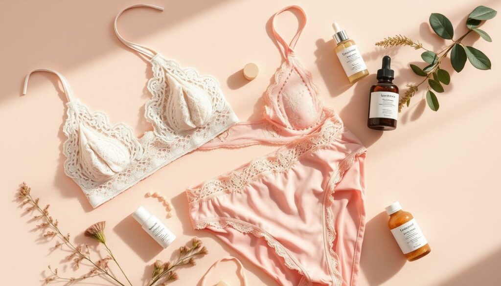 Intimate Care and Undergarment Tips: A soft, pastel-toned scene showcasing various women's underwear and self-care items arranged thoughtfully on a neutral, minimalist background. Elegant lace bralettes, silky panties, and natural skincare products create a serene, feminine atmosphere. Subtle shadows and diffused lighting add depth and dimension, evoking a sense of relaxation and personal wellness. The composition emphasizes the harmony between intimate garments and holistic well-being, reflecting the section's focus on maintaining a healthy intimate environment.