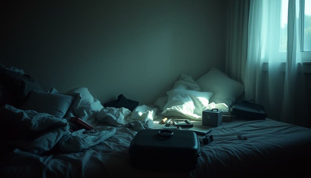 Intimate behind-the-scenes reveal of a celebrity breakup. A dimly lit bedroom, scattering of personal mementos, half-packed suitcases, and the haunting echo of unspoken emotions. Soft, hazy lighting casts a somber tone, while a single beam of sunlight cuts through the gloom, symbolizing the hope of healing. Subtle details like crumpled bedsheets and abandoned trinkets convey the rawness of the situation. The scene evokes a sense of vulnerability, pain, and the bittersweet aftermath of a relationship's end. A poignant, introspective snapshot capturing the human side of fame and its consequences.
