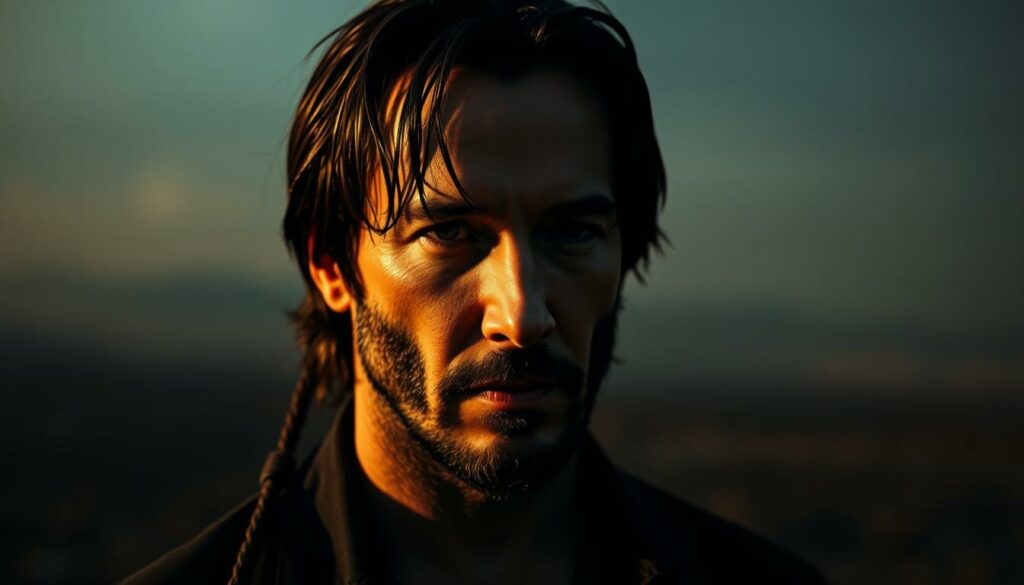 Keanu Reeves, a pensive expression on his face, standing amidst a somber, dimly lit setting. Soft shadows cast across his features, conveying a sense of introspection and melancholy. In the background, a muted, abstract landscape suggests the weight of his personal tragedies, the hazy, dreamlike quality evoking the ephemeral nature of life. The lighting is subdued, with a warm, golden hue casting a melancholic glow, creating an atmosphere of contemplation and resilience. The composition is balanced, with Keanu positioned centrally, the focus drawing the viewer's attention to his somber, yet stoic demeanor.