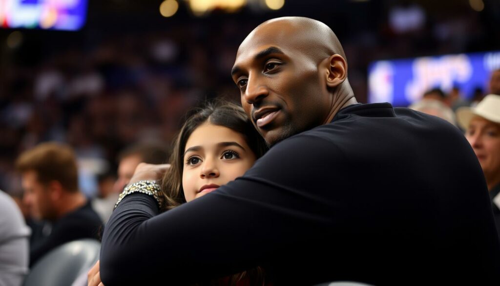 Kobe Bryant and his daughter Gianna, sitting courtside, sharing a tender moment as they watch an intense basketball game. Kobe's arm rests protectively around Gianna's shoulders, their gazes locked in rapt attention. The lighting is soft and warm, creating a sense of intimacy and closeness. The background is slightly blurred, keeping the focus on the duo's special connection. Their expressions convey a deep bond, a shared passion for the sport, and the joy of quality time spent together. This image beautifully captures the essence of their relationship - a father-daughter duo united by their love of basketball.