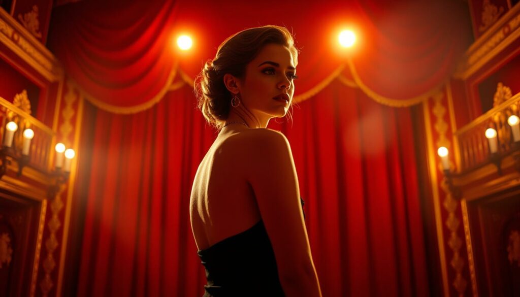 Lilly Forgách, a captivating stage presence, stands center stage, her elegant silhouette illuminated by warm theatrical lighting. Richly textured backdrops of red velvet curtains and intricate gold detailing evoke the grandeur of the theater. Gentle side lighting accentuates her striking features, casting an air of poise and confidence as she commands the spotlight. In the background, a subtle haze suggests the energy and atmosphere of the performance, hinting at her transition from the stage to the small screen. The composition, captured with a cinematic lens, conveys Forgách's dynamic Theaterkarriere, a testament to her versatility and dedication as an actress.