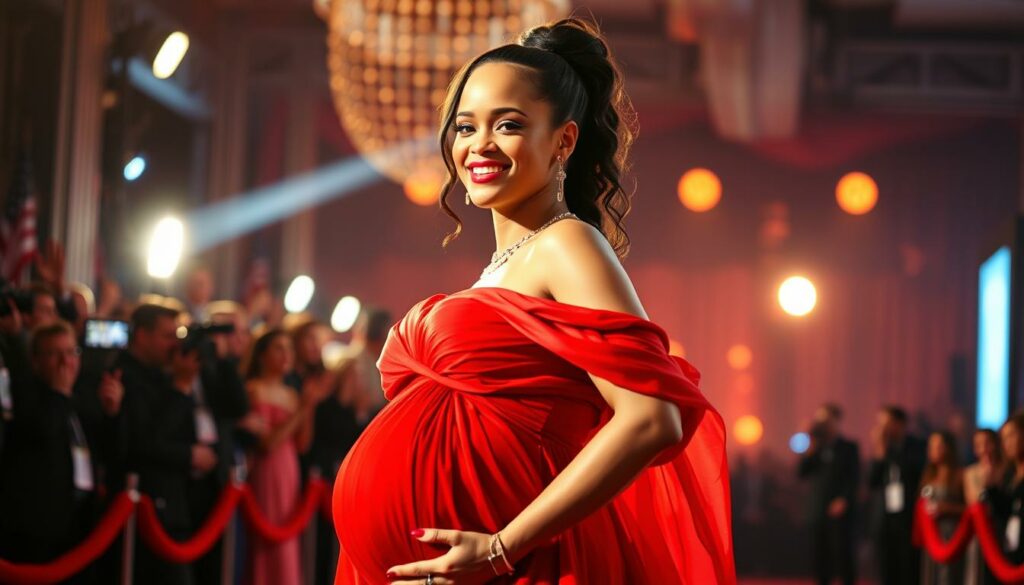 Rihanna standing on a red carpet, her baby bump prominently displayed in a stunning red gown. Soft, warm lighting illuminates her radiant face, highlighting her confident, joyful expression. The background is a blurred, glamorous event venue, with hints of cheering crowds and flashing cameras. The scene conveys a sense of Rihanna's public celebration of her pregnancy, showcasing her unique, stylish approach to maternity fashion. The image captures the essence of Rihanna's public pregnancy journey - a visually striking, empowered display of her changing body and the joy of motherhood.