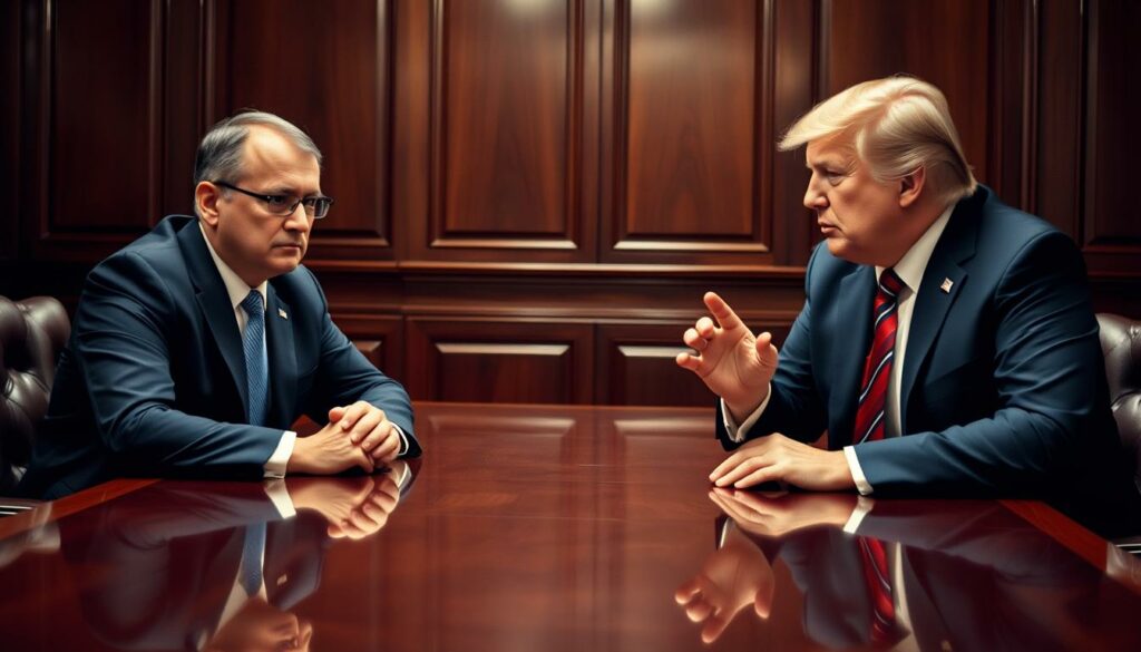 Selenskyj and Trump engaged in diplomatic talks, captured in a formal yet tense atmosphere. The two leaders sit across a polished mahogany table, their expressions guarded yet attentive. Soft, directional lighting casts dramatic shadows, heightening the gravity of the negotiations. The background is a richly paneled conference room, conveying a sense of historical importance. Selenskyj, in a tailored suit, leans forward with measured composure, while Trump, in a bold power tie, gestures emphatically, the contrast in their body language hinting at the delicate balance of the discussion. The scene evokes a high-stakes diplomatic encounter, where the fate of nations hangs in the balance.