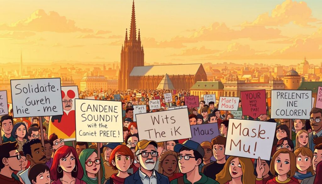 Solidarity with the Mouse: A vibrant digital illustration depicting a crowd of diverse people standing united, holding signs and banners in support of the beloved Maus character. The scene is set against a backdrop of Cologne's cityscape, with the iconic Cathedral towering in the distance. Warm, golden lighting casts a hopeful glow, capturing the sense of community and resilience in the face of adversity. The foreground features a group of people of all ages, races, and backgrounds, their faces expressions of determination and solidarity. In the middle ground, the crowd extends into the distance, a sea of support for the Maus. The background showcases the city's architecture, adding depth and context to the powerful scene.