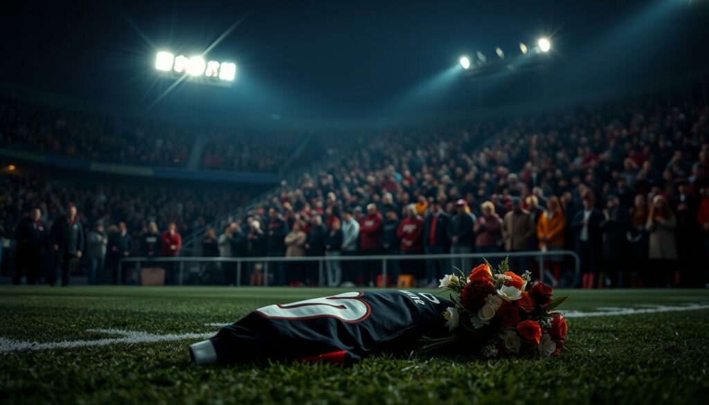 Somber atmosphere in a dimly lit football stadium. A somber crowd gathers, their faces etched with grief and mourning. In the foreground, a lone football jersey or jersey flowers lie on the pitch, a poignant tribute. The stands are filled with fans clad in team colors, heads bowed in respectful silence. Overhead, the stadium lights cast a muted, melancholic glow, as if the very air is heavy with sorrow. The scene evokes a profound sense of loss and collective mourning, a community united in its grief over a tragic event.