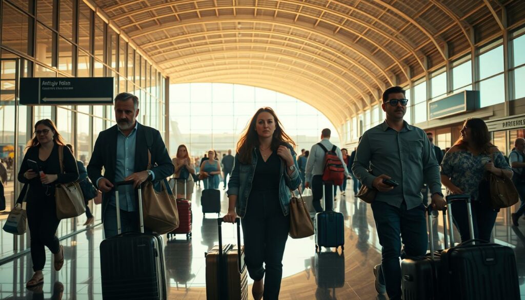 Travelers at Antalya Airport, their faces etched with concern, as they hurry through the bustling terminal. Suitcases in hand, a sense of unease permeates the air, as news of the nearby wildfires casts a shadow over their vacation plans. The scene is bathed in the warm, golden light of the Mediterranean sun, filtering through the floor-to-ceiling windows, adding a touch of melancholy to the otherwise vibrant setting. In the background, the airport's iconic architecture stands as a stark contrast, its sleek, modern lines a testament to the region's thriving tourism industry, now threatened by the looming crisis. The image captures the intersection of travel, leisure, and the unpredictable forces of nature, reflecting the anxious uncertainty faced by those caught in the aftermath of the fires.