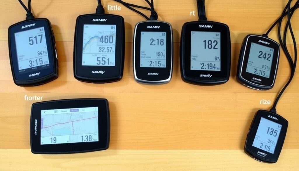 Verschiedene Fahrradcomputer im Vergleich mit unterschiedlichen Displaygrößen und Funktionen Verschiedene Fahrradcomputer im Vergleich mit unterschiedlichen Displaygrößen und Funktionen
