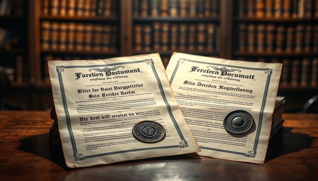 Vintage-styled documents on a wooden table, illuminated by soft, warm lighting. The documents feature ornate calligraphic headers and seals, hinting at their historical significance. In the background, a vignette effect creates a sense of depth, with blurred shelves of antique books or files. The overall tone is one of reverence and authority, reflecting the importance of these "Historische Dokumente zur Ferienregelung" and the unique perspective of Bavaria and Baden-Württemberg on holiday regulations.