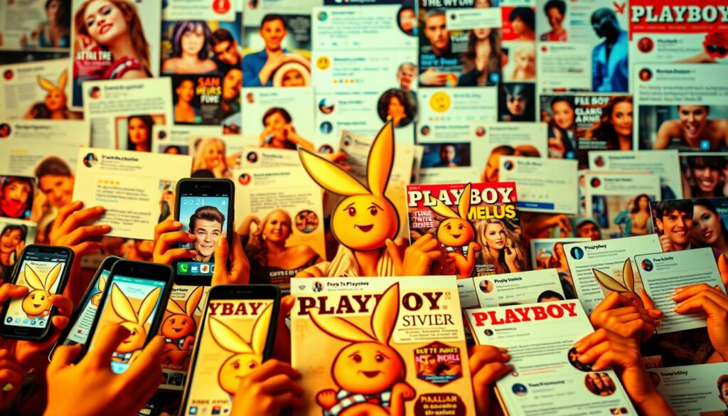 Vivid close-up of an eclectic collection of social media posts, comments, and fan reactions to a provocative Playboy magazine cover. The foreground features an array of smartphones, tablets, and laptops displaying a diverse range of animated facial expressions, emojis, and typed responses. In the middle ground, an array of glossy magazine pages and social media feeds create a sense of digital buzz and excitement. The background is a softly blurred social media feed, with a sense of the global reach and virality of the Playboy cover reveal. Warm, vibrant lighting creates a lively, engaging atmosphere. Shot with a shallow depth of field to focus attention on the expressive details of the fan reactions.