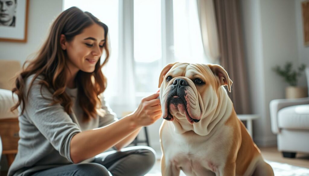a high-resolution photograph of a woman gently brushing the coat of a relaxed English Bulldog, set in a cozy, well-lit domestic interior with natural lighting streaming through a window. The woman is wearing casual, comfortable clothing and has a gentle, caring expression as she attends to the dog's grooming needs. The bulldog is sitting obediently, its wrinkled face and muscular body conveying a sense of tranquility and trust. The background features tasteful, minimalist decor that creates a soothing, homely atmosphere, complementing the intimate, affectionate interaction between the woman and her beloved canine companion.