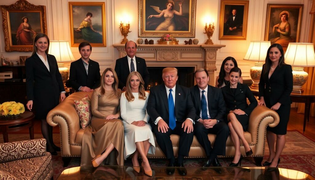 a photo of the Trump family gathered together in a cozy, warm-lit living room, with Donald and Melania Trump seated on a plush sofa, surrounded by their children - Ivanka, Donald Jr., Eric, and Tiffany - seated or standing nearby, all dressed in formal attire, exuding an air of familial unity and affluence, with the background featuring opulent furnishings, artwork, and a grand fireplace, creating an atmosphere of elegance and domestic tranquility.