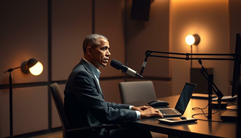 a professional podcast recording studio with a sophisticated setup, dimly lit with warm lighting, Obama sitting at a modern desk with a high-quality microphone, headphones, and a laptop, focused expression on his face as he records an episode, sleek minimalist decor and equipment creating a sense of thoughtful introspection, high production value and attention to detail conveying the significance of the discussion