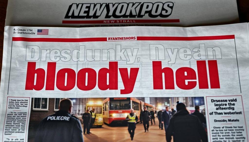 A New York Post newspaper cover with the headline "Bloody hell" in bold red text, set against a somber backdrop. The front page features a striking image of the Dresden tram attack, captured with dramatic lighting and a gritty, documentary-style aesthetic. The scene depicts the aftermath, with police and emergency responders swarming the area, creating a palpable sense of tension and unease. The composition emphasizes the gravity of the incident, conveying the weight and importance of the news story. The overall tone is one of shock and disbelief, reflecting the gravity of the attack and the impact on the local community.