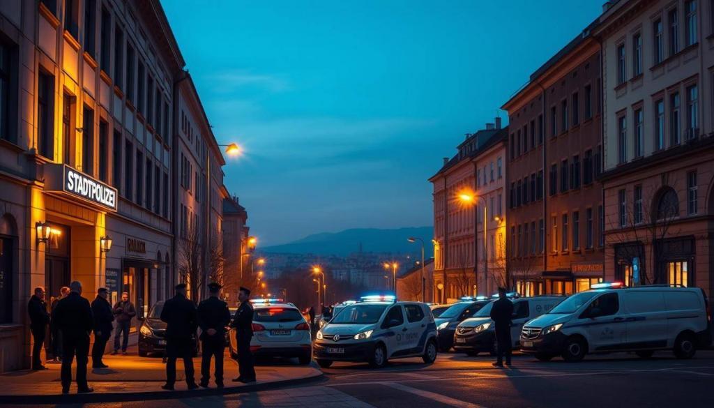 A bustling city street at dusk, the facade of the Stadtpolizei (municipal police) station illuminated by warm streetlights. Uniformed officers stand vigilant at the entrance, their sharp silhouettes casting long shadows across the pavement. The scene is bathed in a soft, golden glow, creating an air of seriousness and professionalism. In the middle ground, police vehicles are parked, their rooftop lights flashing intermittently. In the background, the city skyline stretches out, hazy and indistinct, suggesting the wider context of the unfolding investigation. The overall mood is one of diligence, authority, and a sense of purpose as the police work to uncover the details of the tragic accident.