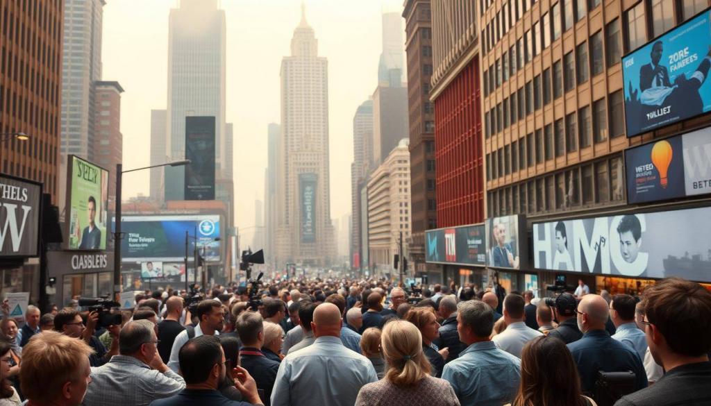 A bustling city street, viewed from a high vantage point. In the foreground, a group of people engaged in lively discussion, their gestures and expressions conveying a sense of intense public scrutiny. The middle ground features various media outlets - newspapers, television crews, and social media platforms - capturing and disseminating the scene. In the background, towering skyscrapers and a hazy, overcast sky create a sense of scale and impersonal, institutional power. Warm, diffused lighting casts a soft, contemplative glow over the entire scene, evoking a sense of public discourse and societal introspection. The overall atmosphere is one of heightened attention, curiosity, and the weight of public perception.