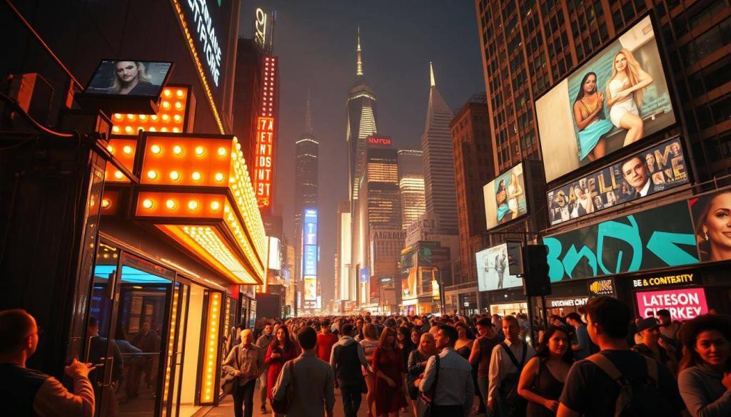 A bustling cityscape at night, showcasing the ever-evolving landscape of the internet pornography industry. In the foreground, a neon-lit marquee illuminates the entrance to a modern, high-tech studio, hinting at the technological advancements that have transformed the industry. The middle ground features a diverse array of individuals, representing the changing demographics and inclusivity of the modern pornographic landscape. In the background, towering skyscrapers and digital billboards reflect the increasing integration of pornography into mainstream media and culture. The scene is bathed in a warm, vibrant glow, conveying a sense of energy, innovation, and the ever-shifting nature of the industry.