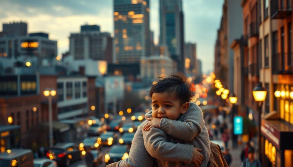 A bustling cityscape with a warm, golden glow of streetlights and windows, casting a soft, nurturing light. In the foreground, a single parent carrying a small child, their faces filled with a sense of determination and resilience. In the middle ground, support services and resources are depicted - a daycare center, a social worker's office, a job training program. The background features a mix of modern and historic architecture, symbolizing the diverse community coming together to uplift and empower single parents. The overall atmosphere conveys a feeling of compassion, community, and the belief that with the right support, single parents can thrive.