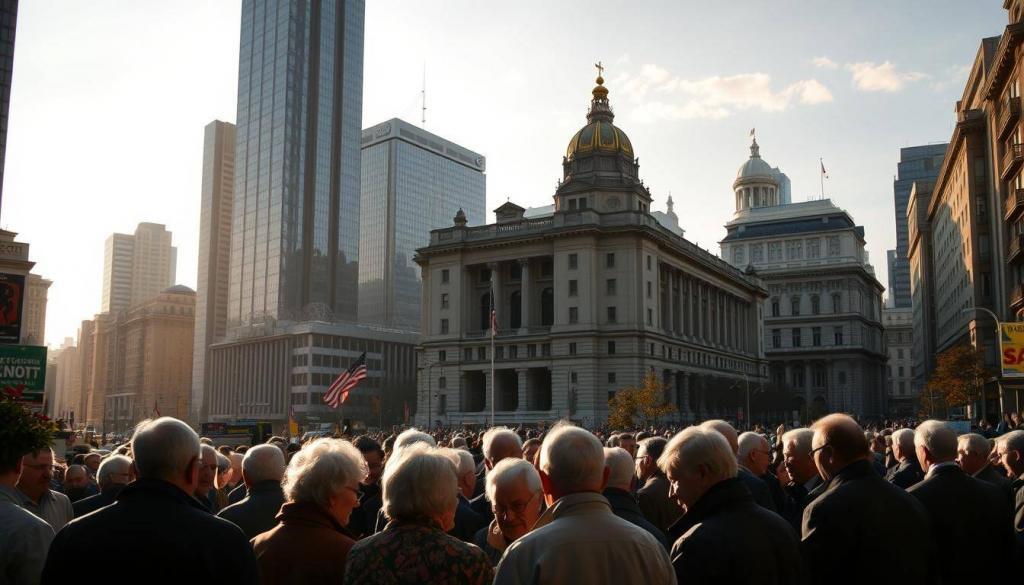 A bustling financial district, with towering skyscrapers and busy streets. In the foreground, a group of pensioners gathered, discussing the details of the newly implemented pension reform. The scene is illuminated by a warm, golden light, casting long shadows and highlighting the sense of importance and gravity of the situation. In the background, a large, ornate government building dominates the skyline, symbolic of the bureaucratic processes involved in the financing of the pension package. The overall atmosphere conveys a sense of both optimism and concern, as the citizens grapple with the implications of the reforms.
