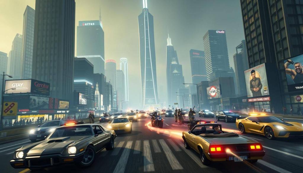A bustling metropolis of towering skyscrapers and neon-lit streets, showcasing the intense multiplayer experience of GTA Online. In the foreground, a squad of players engage in a high-speed chase, their sleek, customized vehicles weaving through traffic and trading gunfire. The middle ground features a diverse array of players, each with their unique avatars and playstyles, participating in various cooperative and competitive game modes. The background is shrouded in a moody, cinematic atmosphere, with dramatic lighting casting long shadows and a sense of urgency permeating the scene. The overall impression is one of adrenaline-fueled, open-world mayhem, perfectly capturing the essence of the GTA Online multiplayer experience.