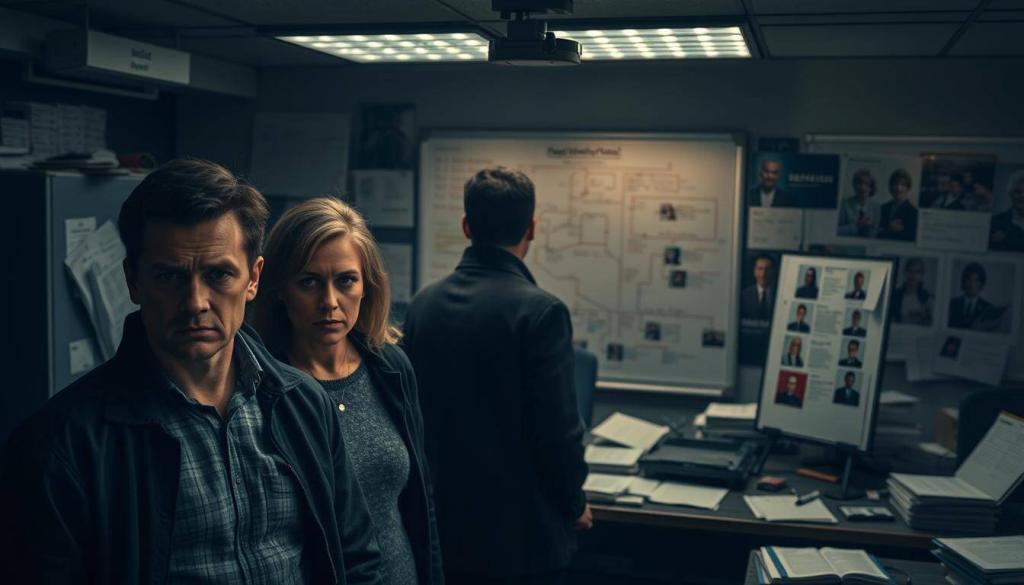 A bustling police station, the atmosphere charged with intensity. In the foreground, a pair of German suspects stand under the scrutiny of seasoned detectives, their expressions a mix of concern and defiance. The middle ground reveals a detailed investigation underway, with case files, photographs, and a large whiteboard mapping out the suspected drug trafficking operation. The background is hazy, suggesting the weight of the situation, the stakes high as the law enforcement professionals work tirelessly to unravel the complex web of criminal activity. Dramatic lighting casts deep shadows, adding to the sense of urgency and high-stakes drama. A classic noir-inspired scene, capturing the intensity of the "Ermittlungen gegen Drogenhändler" - the investigation against drug dealers.