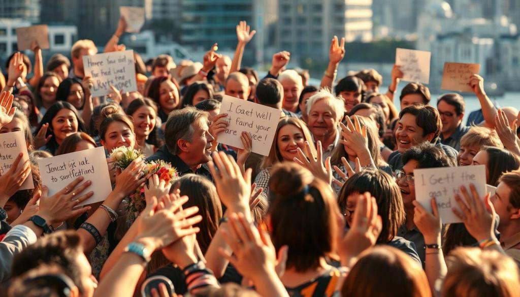 A bustling scene of fans and co-stars gathered, their faces alight with a range of emotional reactions - from joy and admiration to shock and contemplation. In the foreground, a crowd of enthusiastic fans holding handwritten signs and flowers, their outstretched hands reaching towards a central figure. In the middle ground, a group of co-stars and colleagues, some embracing, others deep in conversation, their expressions conveying a mix of pride, concern, and uncertainty. The background is a blurred cityscape, hinting at the broader context of the announcement. The lighting is warm and natural, casting a soft glow over the scene, creating an atmosphere of both celebratory and bittersweet sentiment.