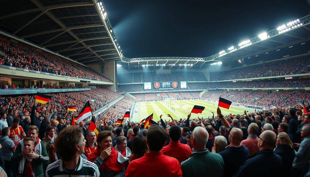 A bustling sports arena, the camera capturing a wide panoramic view of the DFB Pokal live broadcast. In the foreground, a group of enthusiastic fans decked out in team colors and waving flags, their expressions filled with anticipation. The middle ground showcases the grand stadium architecture, with towering arched entrances and sleek modern design. In the background, the pitch is illuminated by crisp, evenly distributed lighting, creating a sense of drama and intensity. The overall atmosphere conveys the excitement and energy of the highly anticipated DFB Pokal matches, inviting the viewer to experience the thrill of live television coverage.