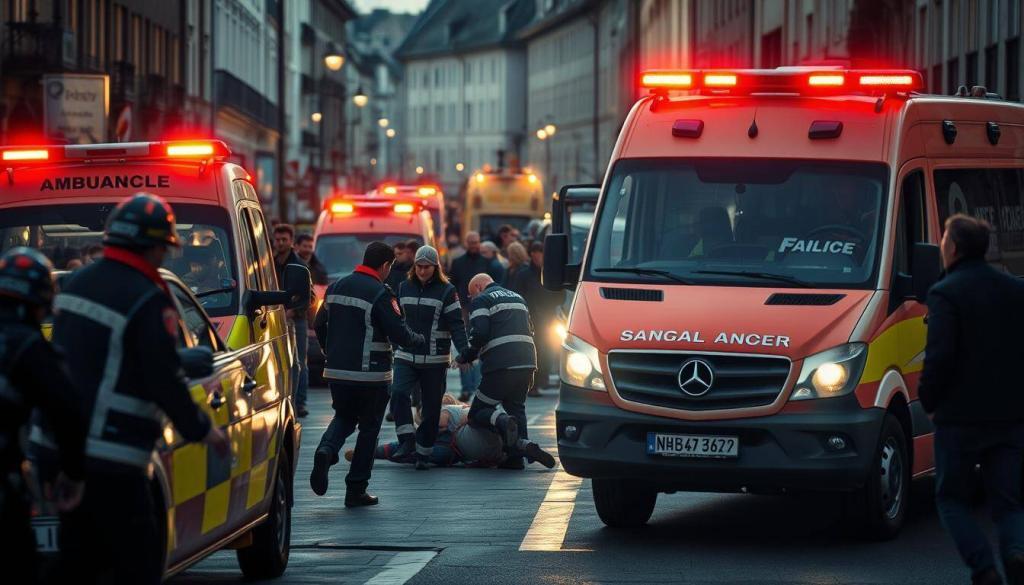 A bustling street intersection in the historic city of St. Gallen, Switzerland. Emergency vehicles, sirens blaring, surround a tragic accident scene. Paramedics rush to attend to the injured, their faces etched with concern as they administer CPR and assess the situation. The ambient lighting casts a somber, almost cinematic glow, heightening the sense of urgency. In the background, onlookers gather, their expressions a mix of shock and somber contemplation. The scene is both visceral and poignant, a stark reminder of the fragility of life and the critical role of first responders in times of crisis.