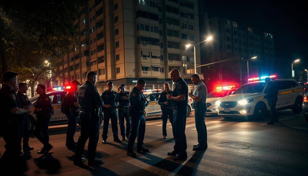 A bustling urban street at night, the facade of a multi-story apartment building looming in the background. In the foreground, a team of police officers and detectives canvass the scene, their uniforms and equipment illuminated by the flashing lights of patrol cars. Investigators scour the ground for evidence, while a prosecutor stands nearby, jotting down notes. The atmosphere is tense, the air thick with the weight of the unfolding investigation. Shadows dance across the pavement, adding a sense of mystery and urgency to the proceedings. The lighting is a moody combination of streetlamps and emergency vehicle beacons, casting dramatic shadows and highlighting the intensity of the moment.