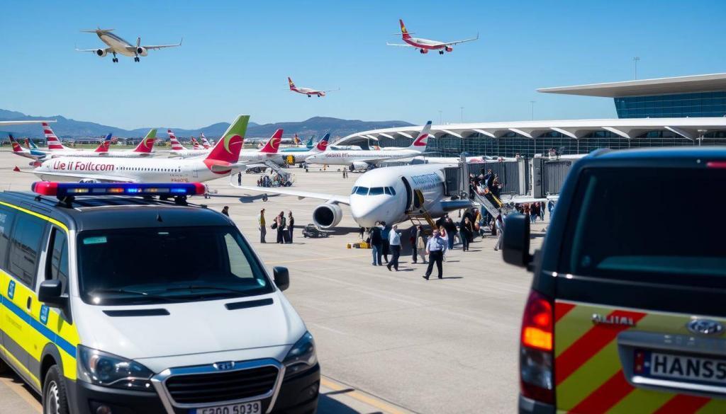 A busy scene at Mallorca Airport, with a variety of aircraft on the tarmac and in the air. In the foreground, emergency vehicles and personnel respond to an incident, their lights flashing. In the middle ground, passengers disembarking from a commercial airliner, some appearing anxious. The background features the airport terminal, its modern architecture contrasting with the clear blue Mediterranean sky. The mood is one of heightened activity and concern, as the community grapples with another aviation-related incident.