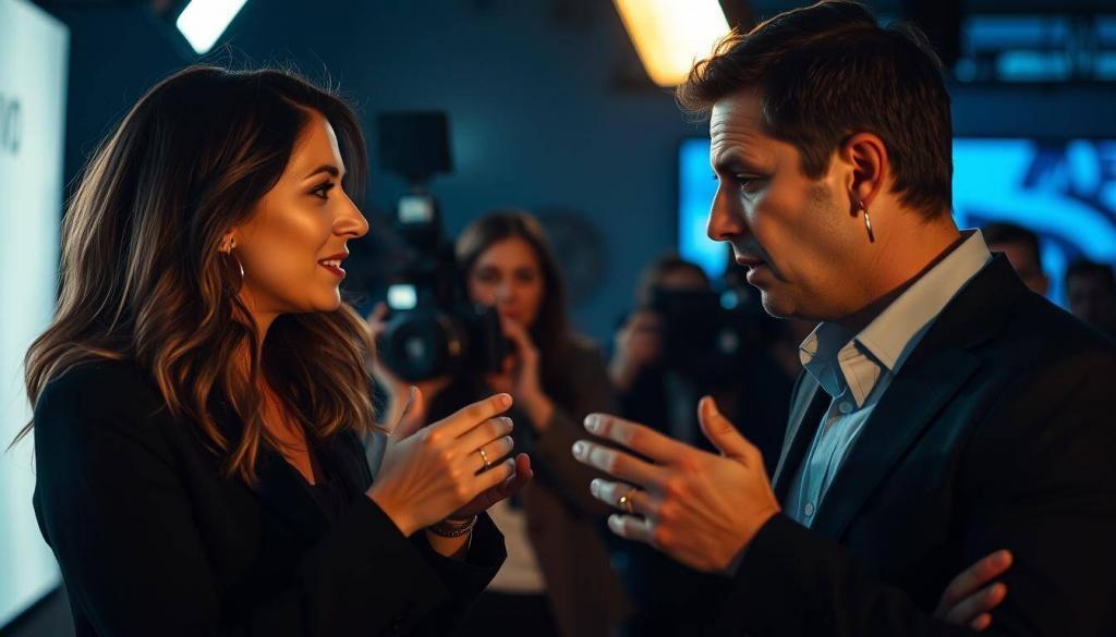 A candid, behind-the-scenes moment between media personalities Amira Aly and Oliver Pocher, captured in a cinéma vérité style. The frame is tightly composed, with the two figures in the foreground engaged in an animated discussion, their body language and facial expressions conveying an undercurrent of tension and unease. The lighting is moody and atmospheric, casting dramatic shadows that create a sense of drama and intrigue. The background is intentionally blurred, drawing the viewer's focus solely to the interaction between the two central figures. The overall mood is one of cautious, uneasy collaboration - a visual representation of the complex relationship between these public figures.
