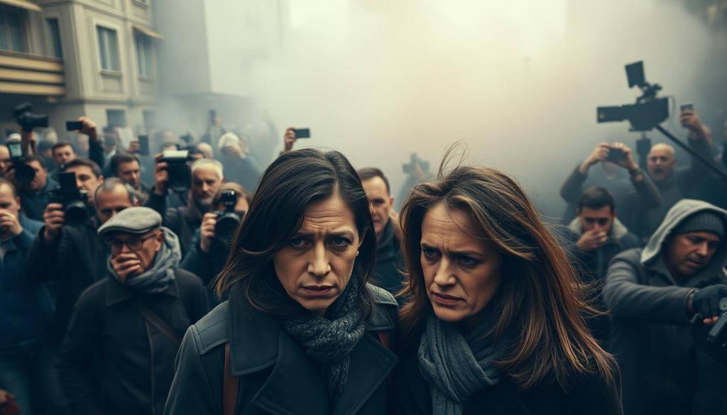 A candid, documentary-style scene depicting the public impact and emotional turmoil surrounding Laura Rypa and Pietro Lombardi's relationship challenges. In the foreground, the couple appears distressed, facing the camera with expressions of stress and anxiety. The middle ground features a throng of paparazzi and onlookers, their cameras and phones capturing the unfolding drama. In the background, a swirling, hazy atmosphere suggests the pervasive media scrutiny and social media commentary enveloping the situation. Muted, earthy tones convey a sense of gravity, while dramatic lighting casts dramatic shadows, heightening the tension. The overall composition evokes the profound personal and public consequences of this high-profile relationship's tribulations.