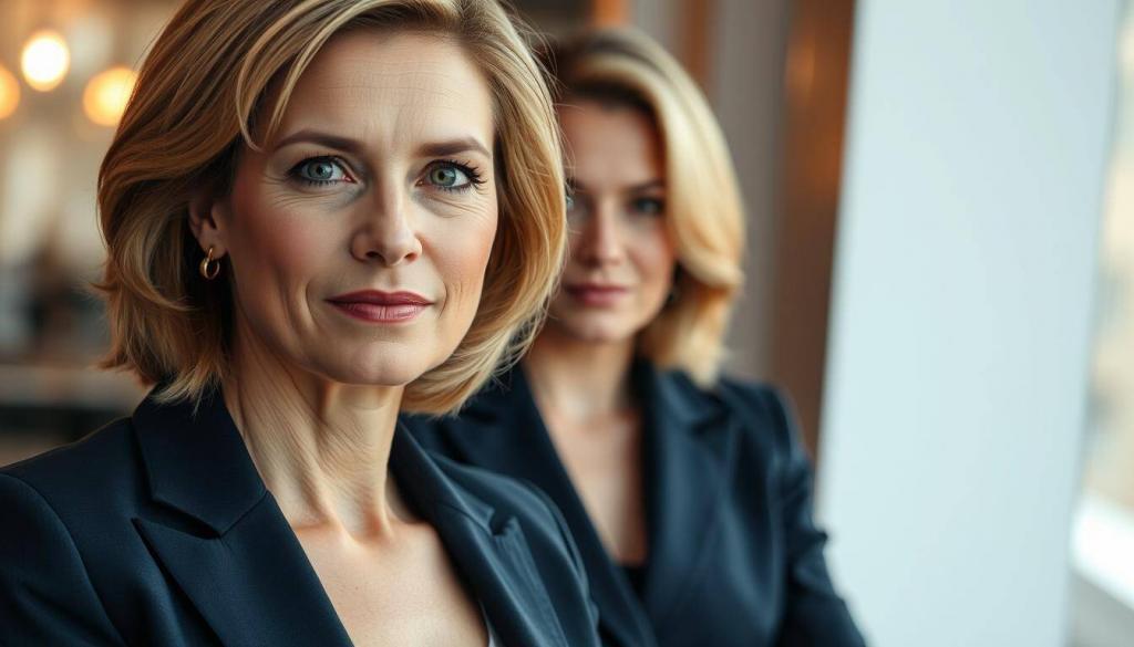 A captivating portrait of Carola Schubert, a successful German businesswoman. In the foreground, her face is illuminated by a soft, warm light, capturing her confident and intelligent gaze. Her stylish, shoulder-length blonde hair frames her features, conveying a sense of sophistication. In the middle ground, she is wearing a tailored, navy-blue business suit, projecting an air of professionalism and authority. The background is slightly blurred, suggesting an elegant, corporate setting, emphasizing Carola's position as a prominent figure in the business world. The overall composition and lighting create a sense of depth and dimension, highlighting Carola's presence and prominence.
